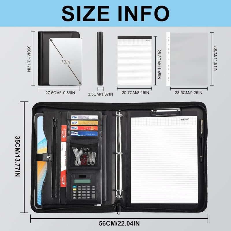 Eshow Portfolio Organizer - 3 Ring Binder with Zipper, Vegan Leather Business Padfolio Folder with Notepad Includes 10 Clear Sheet Protectors for Documents Files for Men Women - Image 2
